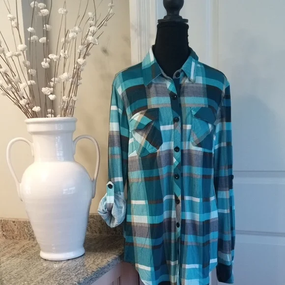 Teal and Black Plaid Women's Button Down Shirt - Picture 1 of 8